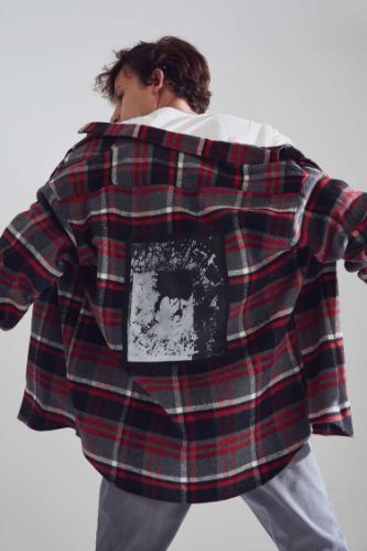 Oversize Fit Ekose Desenli Sırt Baskılı Uzun Kollu Oduncu Gömlek Ceket