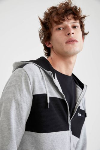 Kapüşonlu Renk Bloklu İçi Polarlı Fermuarlı Sweatshirt
