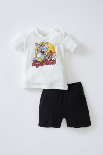 Erkek Bebek Tom ve Jerry Lisanslı Pamuklu Kısa Kollu Pijama Takımı