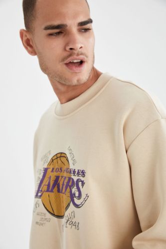 NBA Lisanslı Los Angeles Lakers Baskılı Oversize Fit Bisiklet Yaka Pamuklu Sweatshirt