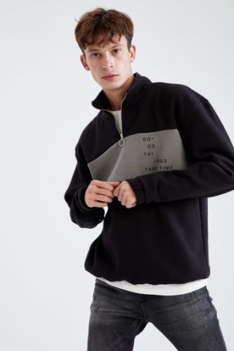 Boxy Fit Balıkçı Yaka Uzun Kollu İçi Yumuşak Tüylü Sweatshirt