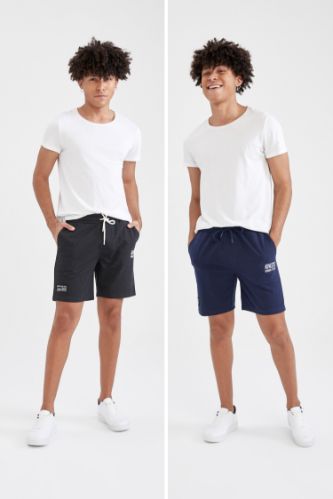 Slim Fit Beli Bağcıklı Baskılı 2'li Şort