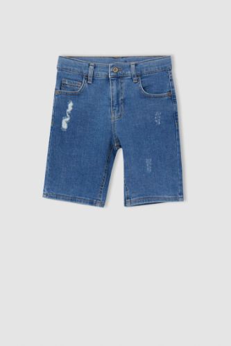 Erkek Çocuk Regular Fit Yıpratma Detaylı Jean Bermuda Şort