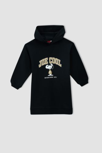 Kız Çocuk Snoopy Lisanslı Kapüşonlu İçi Yumuşak Tüylü Sweat Elbise