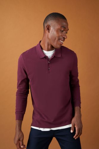 Slim Fit Polo Yaka Basic Uzun Kollu Tişört