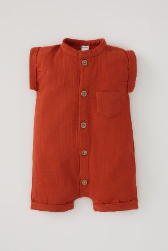 Unisex Kısa Kollu Pamuklu Dokulu Kısa Tulum