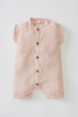 Unisex Kısa Kollu Pamuklu Dokulu Kısa Tulum