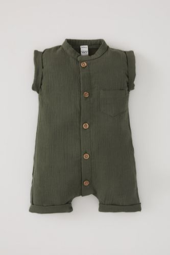 Unisex Kısa Kollu Pamuklu Dokulu Müslin Kısa Tulum