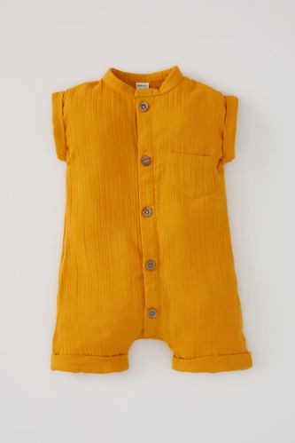 Unisex Kısa Kollu Pamuklu Dokulu Müslin Kısa Tulum