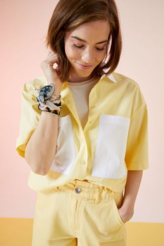 Çift Cepli Crop Kısa Kollu Poplin Gömlek