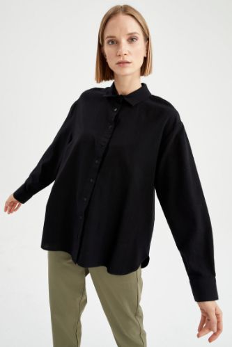 Basic Oversize Fit Keten Görünümlü Gömlek