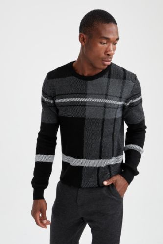 Slim Fit Ekose Desenli Triko Kazak