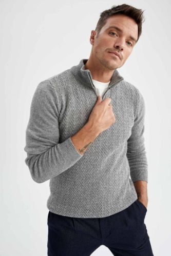 Slim Fit Yarım Balıkçı Fermuarlı Yaka Triko Yün Kazak