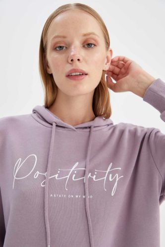 Slogan Baskılı Relax Fit Kapüşonlu İçi Yumuşak Tüylü Sweatshirt