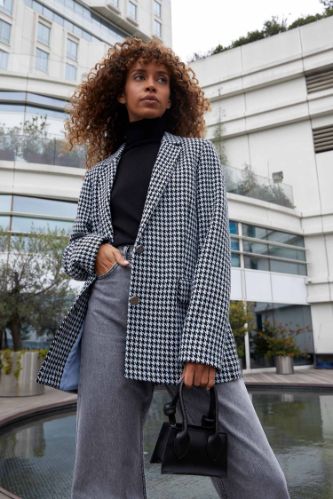 Relax Fit Kazayağı Desenli Dokulu Tüvit Blazer Ceket