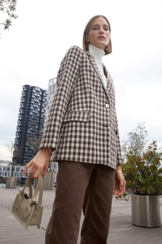 Relax Fit Kazayağı Desenli Dokulu Tüvit Blazer Ceket