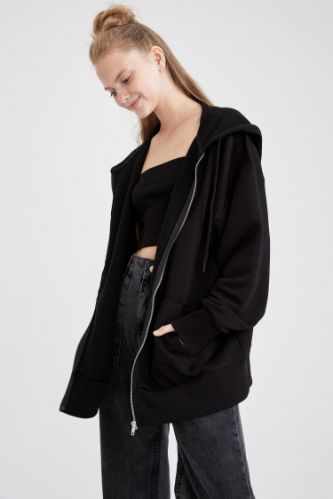 Kapüşonlu Oversize Fit Cep Detaylı Fermuarlı Sweat Hırka