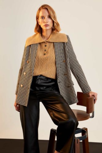 Oversize Fit Kaz Ayağı Desenli Dokulu Tuvit Blazer Ceket