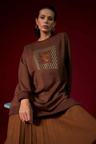Slogan Baskılı Yırtmaç Detaylı Relax Fit İçi Yumuşak Tüylü Sweat Tunik