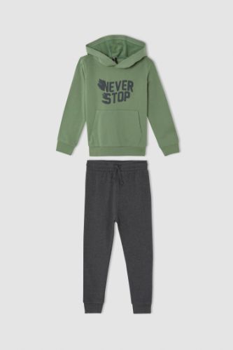 Erkek Çocuk Baskılı Kapüşonlu Kanguru Cepli Uzun Kollu Sweatshirt ve Jogger Eşofman Altı Takımı