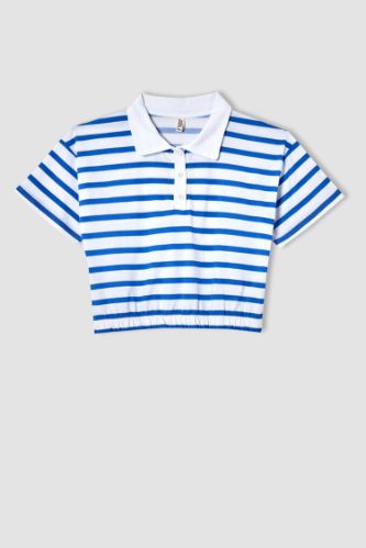 Kız Çocuk Çizgili Polo Yaka Crop Kısa Kollu Tişört