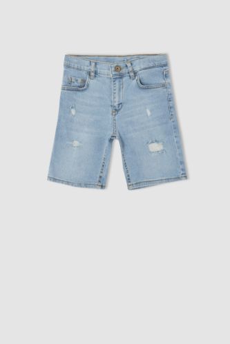 Erkek Çocuk Regular Fit Yıpratma Detaylı Jean Bermuda Şort