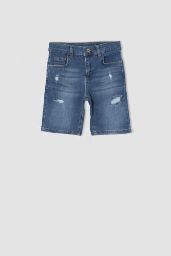 Erkek Çocuk Regular Fit Yıpratma Detaylı Jean Bermuda Şort