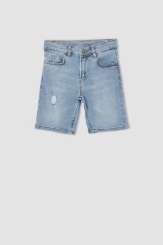 Erkek Çocuk Regular Fit Yırtık Detaylı Jean Bermuda Şort