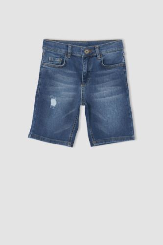 Erkek Çocuk Regular Fit Yırtık Detaylı Jean Bermuda Şort