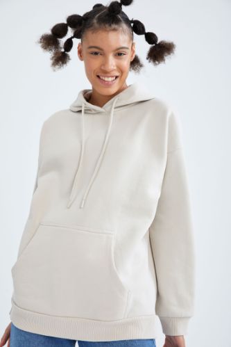 İçi Yumuşak Tüylü Kapüşonlu Kanguru Cepli Relax Fit Sweatshirt