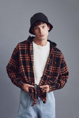 Oversize Fit Kapüşonlu Ekose Desenli Uzun Kollu Oduncu Gömlek