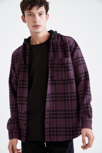 Oversize Fit Kapüşonlu Ekose Desenli Uzun Kollu Oduncu Gömlek
