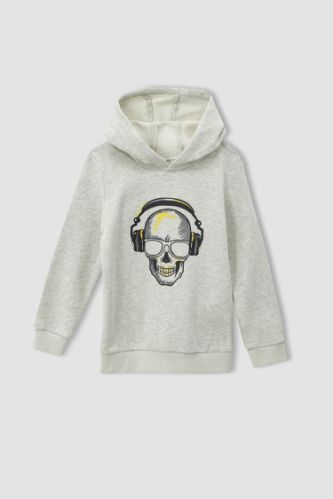 Erkek Çocuk Regular Fit Kuru Kafa Desenli Kapüşonlu İçi Yumuşak Tüylü Sweatshirt