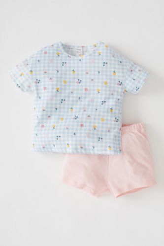 Kız Bebek Çiçekli Kısa Kollu Pamuklu Pijama Takımı