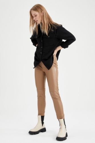 Suni Deri Paçası Fermuarlı Skinny Fit Pantolon