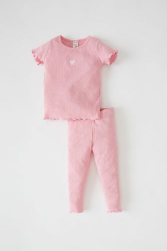 Kız Bebek Kalp Baskılı Fitilli Esnek Dokulu Kısa Kollu Pijama Takımı