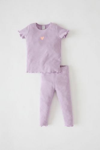 Kız Bebek Kalp Baskılı Fitilli Esnek Dokulu Kısa Kollu Pijama Takımı