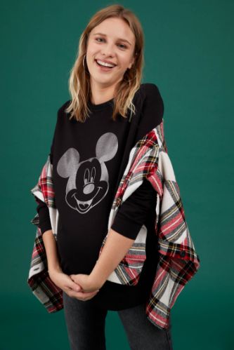Hamile Disney Mickey ve Minnie Lisanslı Bisiklet Yaka Uzun Kollu Tişört