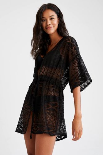 Etnik Desenli Bağcıklı Dantel Yazlık Kimono