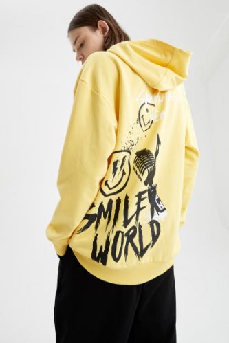 SmileyWorld Lisanslı Oversize Fit Kapüşonlu Sırt Baskılı Uzun Kollu Sweatshirt