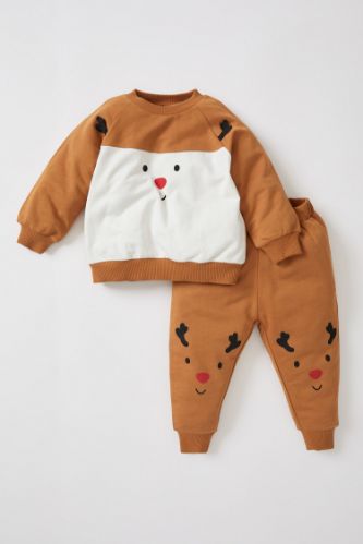 Erkek Bebek Regular Fit Bisiklet Yaka Yılbaşı Temalı Geyik Baskılı 2'li Takım