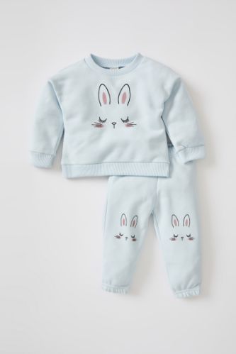 Kız Bebek Tavşan Baskılı Bisiklet Yaka 2'li Takım