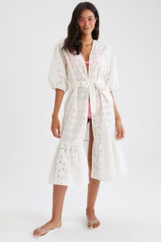 Brode Detaylı Kuşaklı Uzun Yazlık Kimono