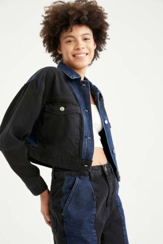 Renk Bloklu Oversize Fit Crop Jean Ceket