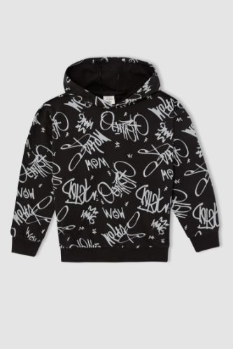 Erkek Çocuk Relax Fit Slogan Desenli Kapüşonlu İçi Yumuşak Tüylü Sweatshirt