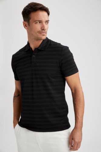 Regular Fit Polo Yaka Çizgi Desenli Kısa Kollu Tişört
