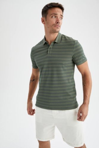 Regular Fit Polo Yaka Çizgi Desenli Kısa Kollu Tişört