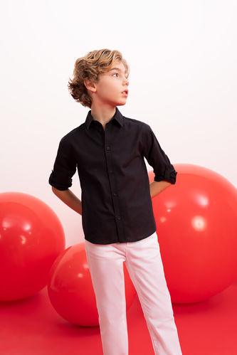 Erkek Çocuk Polo Yaka Siyah Uzun Kollu Gömlek
