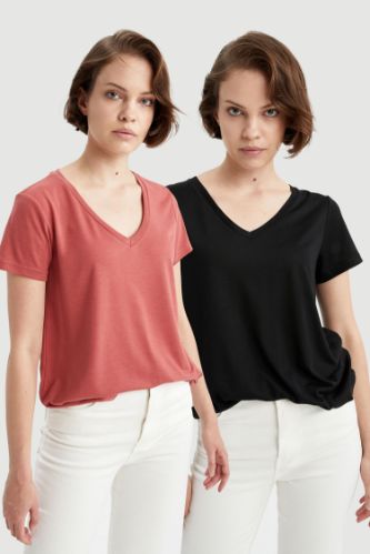 Regular Fit V Yaka Pamuklu 2'li Tişört