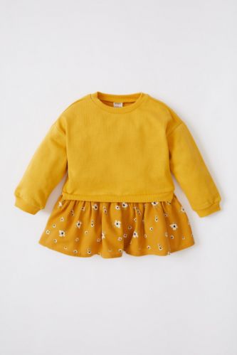 Kız Bebek Bisiklet Yaka Çiçekli Uzun Kollu Sweat Elbise
